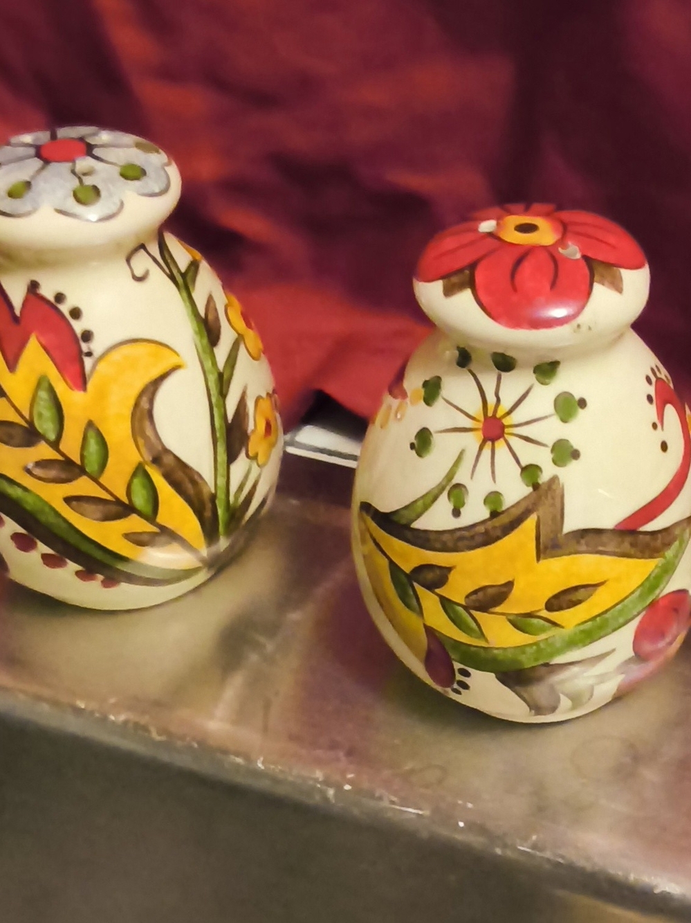 Hand-Painted Floral Ceramic Salt and Pepper Shakers - Cream and Red